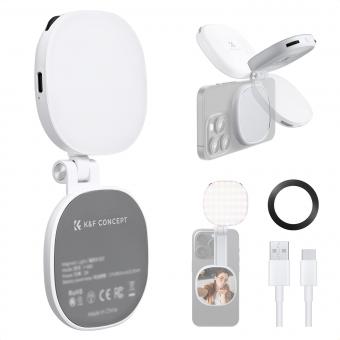 K&F CONCEPT Magnetisk Telefon LED-lys: Sammenklappelig Selfie-lys med Makeupspejl, 3000K-6500K Dæmpbar Vlog-fyldlys til iPhone, Videoopkald og Makeup (Hvid)