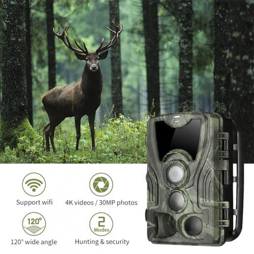 Wildkamera WiFi 4K 30MP mit Nachtsicht-Bewegungsaktivierter wasserdichter IP66 Wildkamera mit 0,3s Auslösezeit und 40 Stück No-Glow-LEDs für Wildbeobachtung und Heimüberwachung