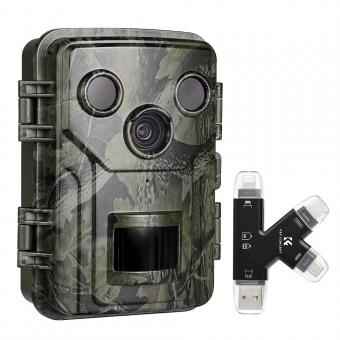 Mini Wildlife Trail Camera with Night Vision 0.2S Trigger Motion Activated 20MP 1080P IP66 Waterproof Hunting Camera for Outdoor & Home security + Magnetic SD TF 3-in-1 Card Reader | M1