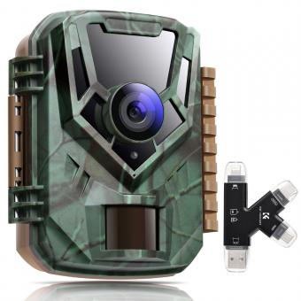 Wildlife Trail Camera with Night Vision 0.4S Trigger Motion Activated 16MP 1080P IP65 Waterproof Hunting Camera for Outdoor & Home security + SD TF 3 in 1 Card Reader
