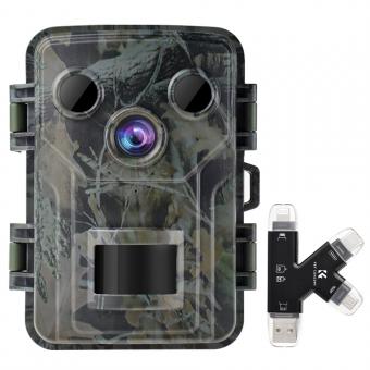 Mini Wildkamera 1080P 20MP 940nm Infrarot, IP66 Wasserdicht Tracking-Kamera Jagdkamera mit Infrarot Nachtsicht + Metall 4 Ports 2 in 1 Kartenleser