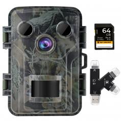 1080P 20MP Tracking-Kamera 940nm Infrarot Outdoor IP66 Wasserdichte Jagdkamera mit Infrarot Nachtsicht HD Wildkamera mit 64GB SD-Karte und Multifunktions-Kartenleser-Kombi-Set