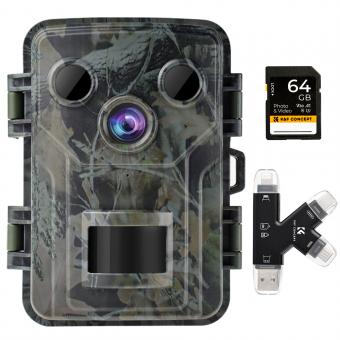 1080P 20MP Tracking Camera 940nm Infrared Outdoor IP66 Waterproof Hunting Infrared HD Night Vision Camera with 64G SD Card and Multi-function Card Reader Combo Set