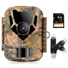 1080P 16MP HD Wasserdichte Wildkamera Outdoor Jagdkamera mit Infrarot-Nachtsicht Mini Kamera mit 64G-SD-Karte und Multifunktions-Kartenleser-Kombinationsset