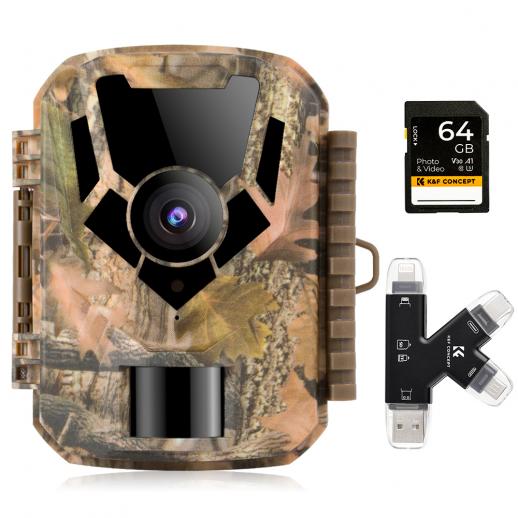 1080P 16MP HD Mini Wildlife camera impermeabile per esterni da caccia con visione notturna a infrarossi con scheda SD 64G e set combinato di lettori di schede multifunzione