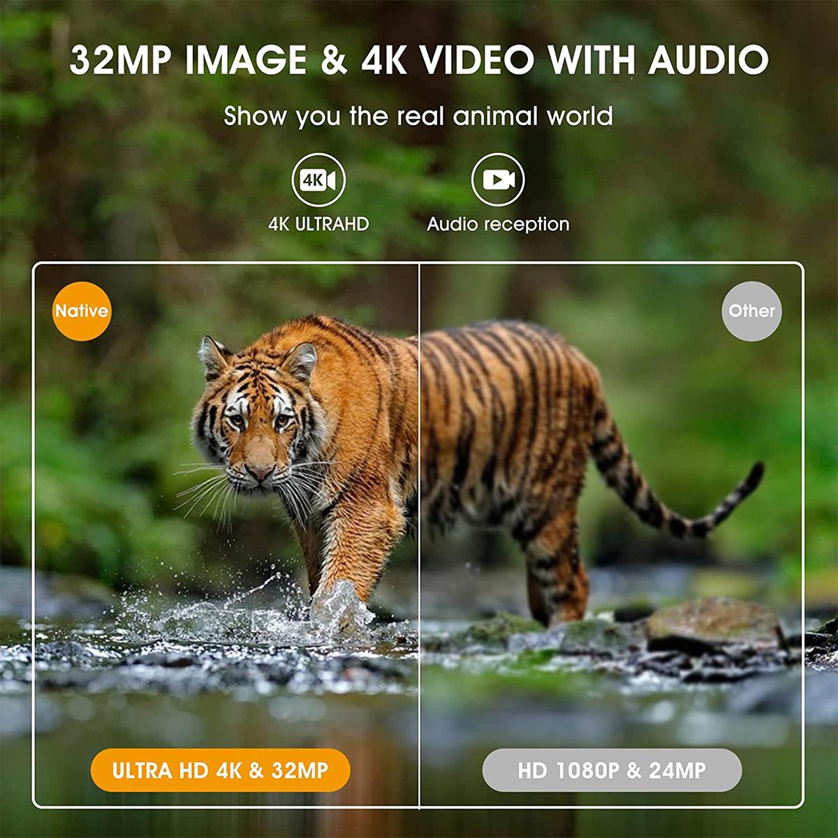 4K 32MP Wildcamera, IP67 Waterdicht, Jagd en Observatiecamera met 46 IR Leds en 2,31" Display, Inclusief 64GB SD Kaart en Multifunctionele Kaartlezer