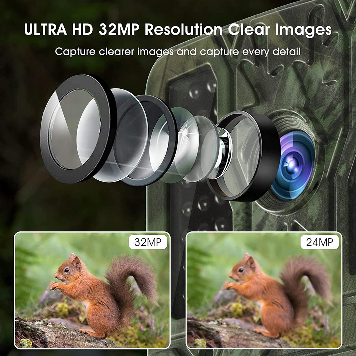 4K 32MP Wildcamera, IP67 Waterdicht, Jagd en Observatiecamera met 46 IR Leds en 2,31" Display, Inclusief 64GB SD Kaart en Multifunctionele Kaartlezer