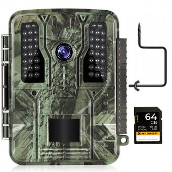 4K 32MP tracking hunting camera, 100° wide-angle motion sensor triggered in 0.2 seconds, 46 940nm low-light LED lights, IP67 waterproof, 2.31-inch display with 64G SD card and quick-install tree spike combination kit