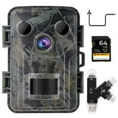 Câmera de trilha de vida selvagem 1080P 20MP com visão noturna 0.2S gatilho ativado por movimento IP66 à prova d'água, cartão SD 64G, pico de árvore, leitor de cartão