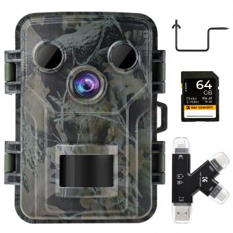 1080P 20MP Tracking Camera 940nm Infrared Outdoor IP66 Waterproof Hunting Infrared HD Night Vision Camera with 64G SD Card and Quick Install Tree Spike, Multifunctional Card Reader Combo Set