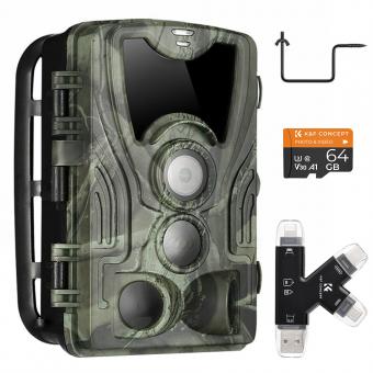 4K WiFi 30MP Tracking Camera 940nm Infrared Outdoor IP66 Waterproof Hunting Infrared Night Vision Camera with 64G Micro SD Card and Quick Install Tree Spike, Multifunctional Card Reader Combo Set