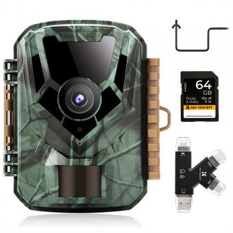 1080P 16MP HD Waterproof Outdoor Hunting Infrared Night Vision Triggered Mini Camera with 64G SD Card and Quick Installation Tree Spike, Multifunctional Card Reader Combo Set
