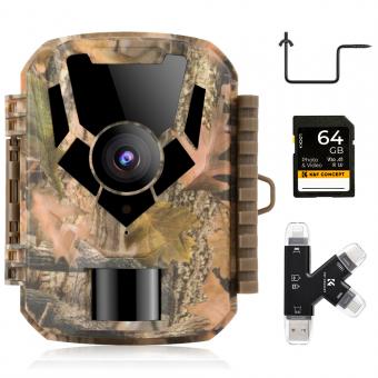 1080P 16MP HD Waterproof Outdoor Hunting Infrared Night Vision Triggered Mini Camera with 64G SD Card and Quick Installation Tree Spike, Multifunctional Card Reader Combo Set