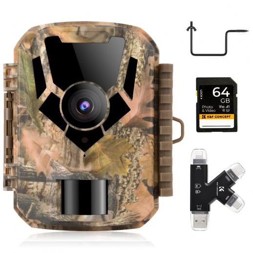 Mini caméra infrarouge 1080p 16MP HD étanche à vision nocturne avec carte SD 64G et piquet d'arbre à installation rapide, ensemble combiné lecteur de carte multifonctionnel