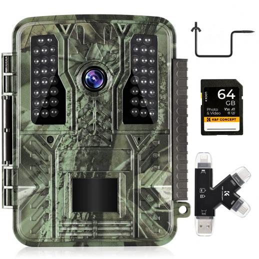 Cámara de Caza 4K 32MP 0,2s Disparo Impermeable IP67 + Tarjeta SD 64GB +  Soporte + Lector de Tarjeta - K&F Concept