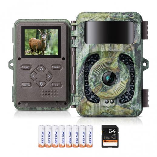 Fotocamera per fauna selvatica 4K 48 MP con sensore di movimento Visione notturna Obiettivo grandangolare Velocità di attivazione 0,2 secondi Intervallo PIR 2 secondi Cintura impermeabile IP66 Scheda SD da 64 GB e 8 batterie AA Colore del fogliame