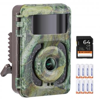 4K 48MP Wildkamera mit Bewegungssensor, Nachtsicht, Weitwinkelobjektiv, 0,2 s Auslösegeschwindigkeit, 2 s PIR-Intervall, IP66 wasserdicht, mit 64 GB SD-Karte und 8 AA-Batterien, Rindenfarbe