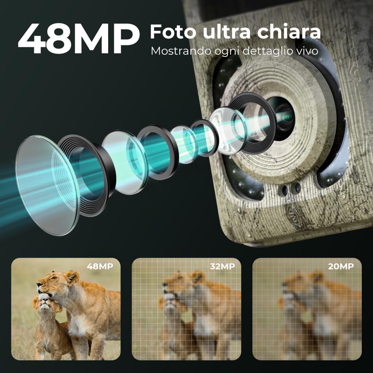 4K 48MP Wildlife Camera con sensore di movimento Visione notturna Obiettivo grandangolare 0.2s Trigger Speed 2s Intervallo PIR IP66 Impermeabile con scheda SD da 64 GB e 8 batterie AA Bark Color
