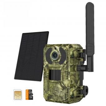 Cámara de caza 4G de bajo consumo de energía LTE, cámara de caza 2K con energía solar y batería con panel solar de 4W Versión europea + tarjeta de memoria de 64GB