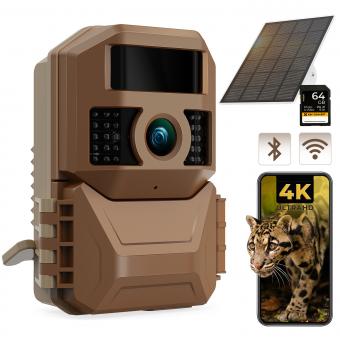 Caméra de Chasse Solaire WiFi 4K 48MP UHD, Caméra pour Animaux avec Compartiment à Double Batterie, Vision Nocturne sans Lueur, Portée de Détection de 82 pieds/25 m, Grand Angle de 130°, Étanche IP66