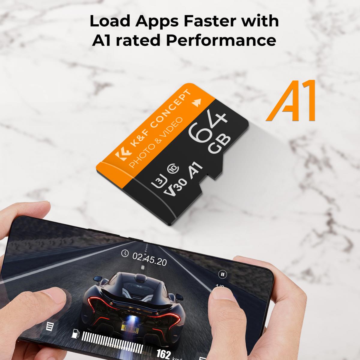 64 micro SD-kort U3/V30/A1 med adapterpakke med 2 minnekort for hjemmeovervåkingskameraer, jaktkameraer og dashbordkameraer