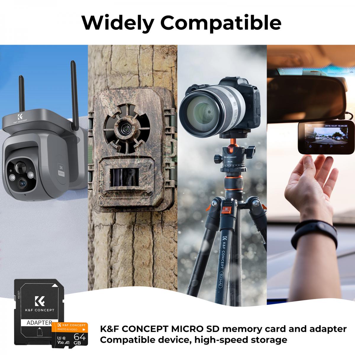 64G micro SD-kort U3/V30/A1 med adapter 4 pakker minnekort egnet for hjemmeovervåkingskamera jaktkamera og kjøreopptaker minnekort K&F CONCEPT