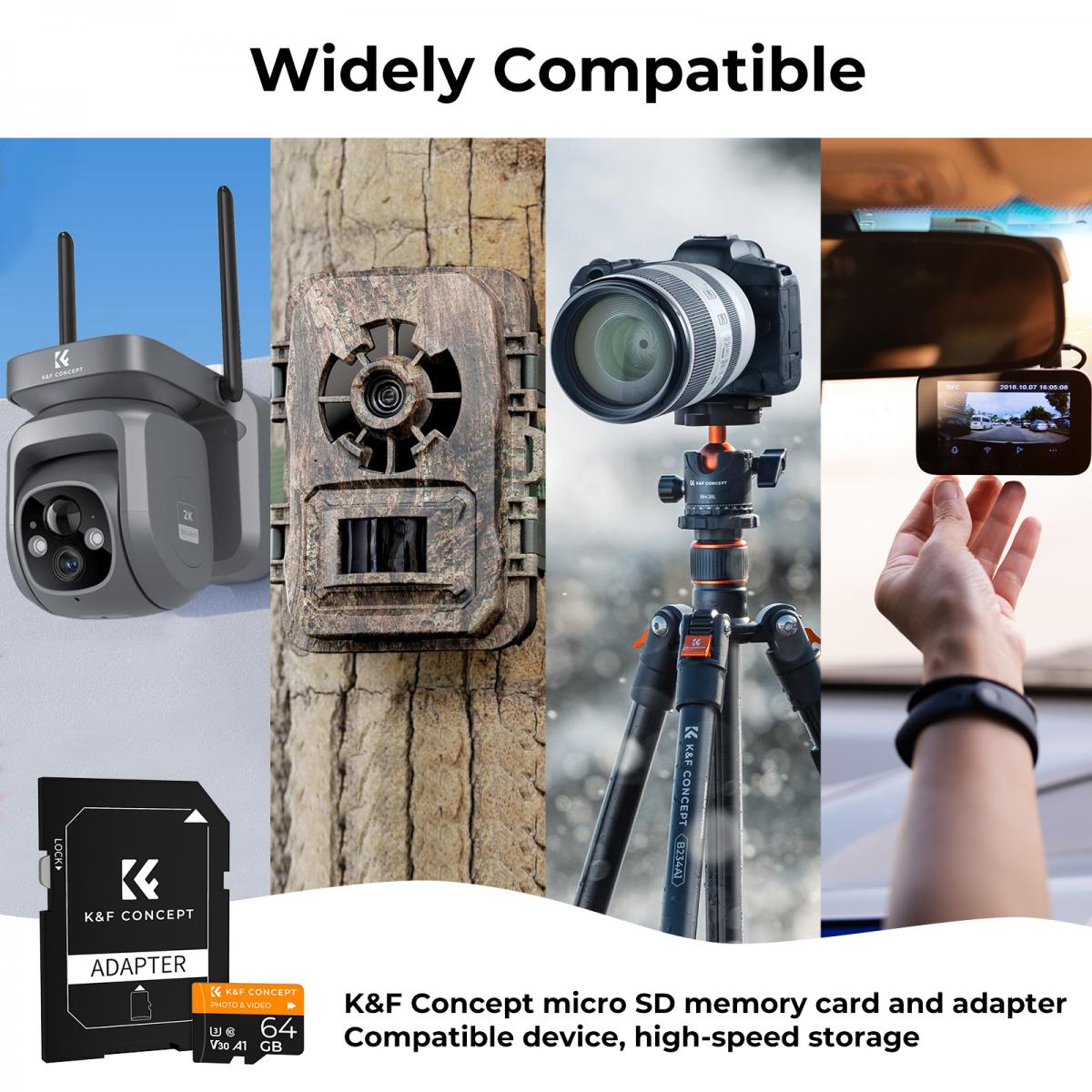 64G micro SD-kort U3/V30/A1 med adapter 7 pakker minnekort egnet for hjemmeovervåkingskamera jaktkamera og kjøreopptaker minnekort K&F CONCEPT