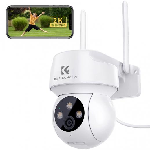 Telecamera di sorveglianza Outdoor WiFi 2K-3MP, K&F Concept telecamera senza fili esterno con rilevamento automatico, visione notturna a colori,355°/120° Pivotante, audio a 2 vie, IP66