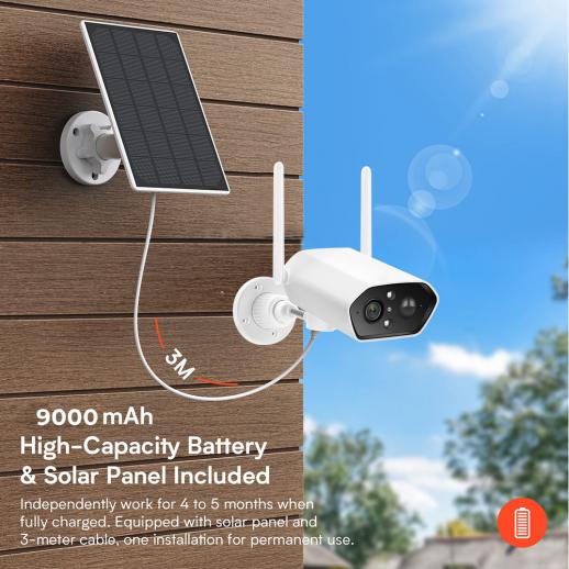 2K Cámara de Vigilancia WiFi Exterior Domo Batería Solar 9600mAh, Audio de  2 Vías y Visión Nocturna, con Cable de Extensión de 3m, Negro