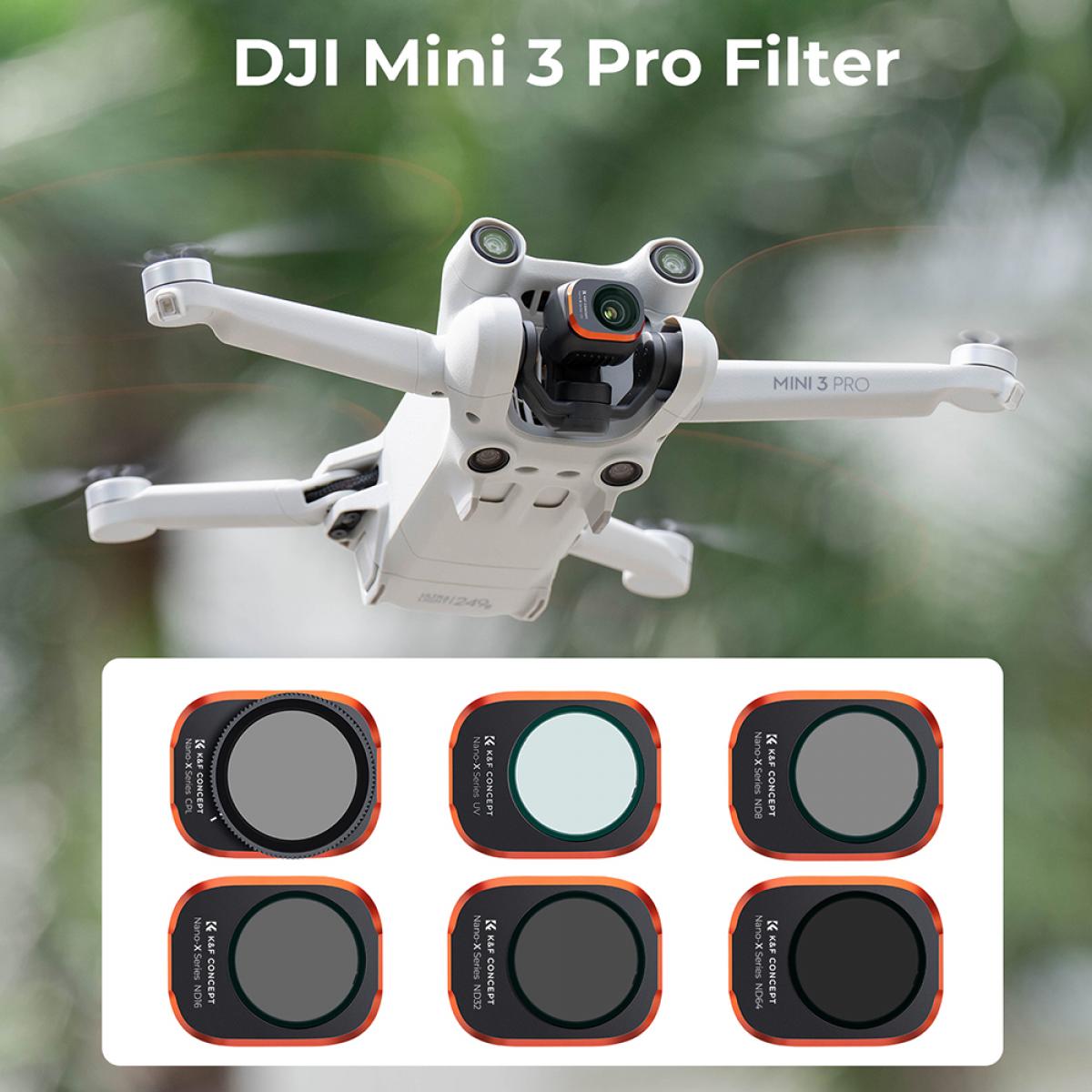 DJI Drone Filter Mini 3 Pro HD Filter 6 stk sett (UV+CPL+ND8+ND16+ND32+ND64) med 28 lags antirefleks grønt belegg, vanntett og ripesikkert