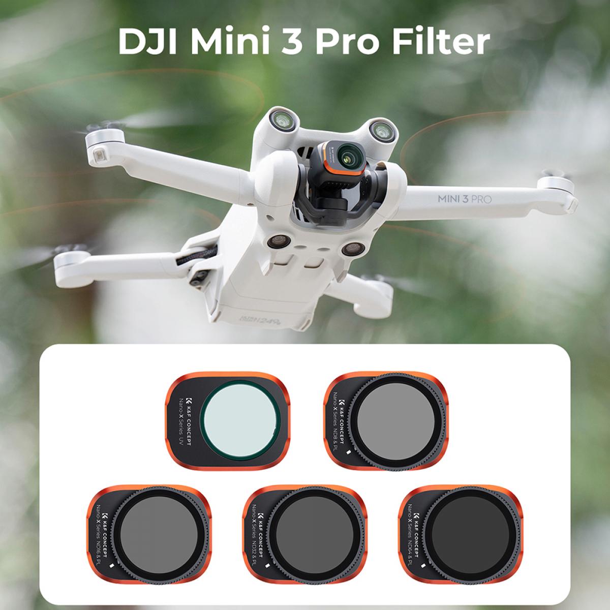 DJI Drone Filter Mini 3 Pro HD Filter 5 stk sett (UV+ND8/PL+ND16/PL+ND32/PL+ND64/PL) med 28 lags antirefleksjonsgrønt belegg, vanntett og ripesikkert