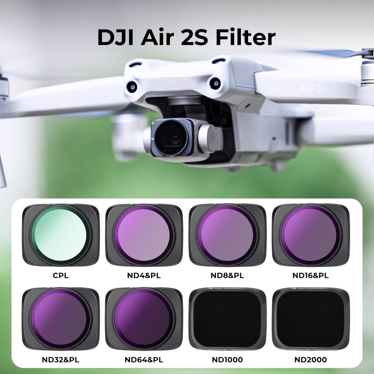 Drone DJI AIR 2S filtersett ND4/PL +ND8/PL +ND16/PL +ND32/PL +ND64/PL +CPL +ND1000 +ND2000 8 stk med antirefleks grønn film, et sett med propeller for Drone AIR 2S