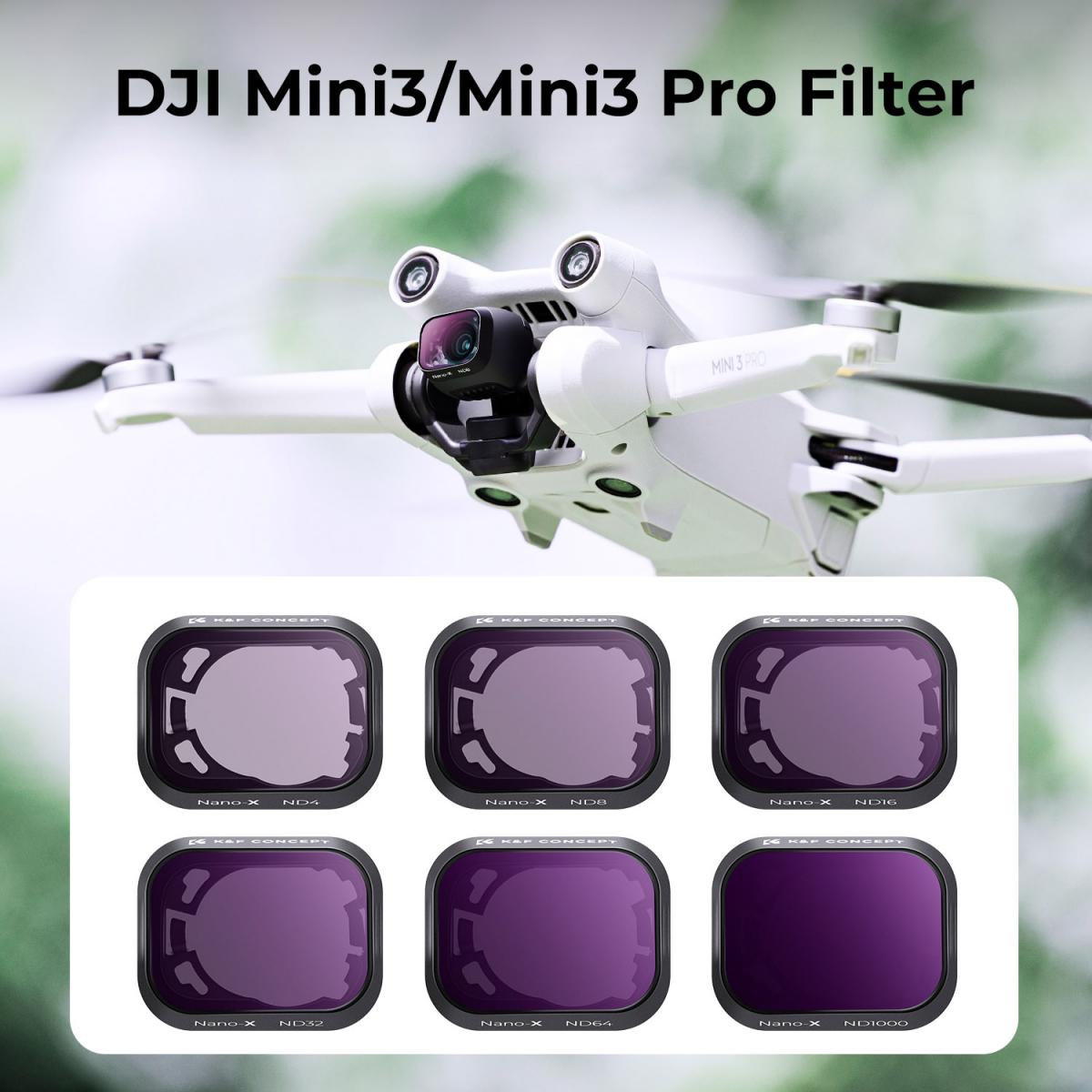 DJI Drone Mini3 Pro filtersett (ND4 + ND8 + ND16 + ND32 + ND64 + ND1000) med ensidig antirefleks grønn film og et sett med padler for Mini3