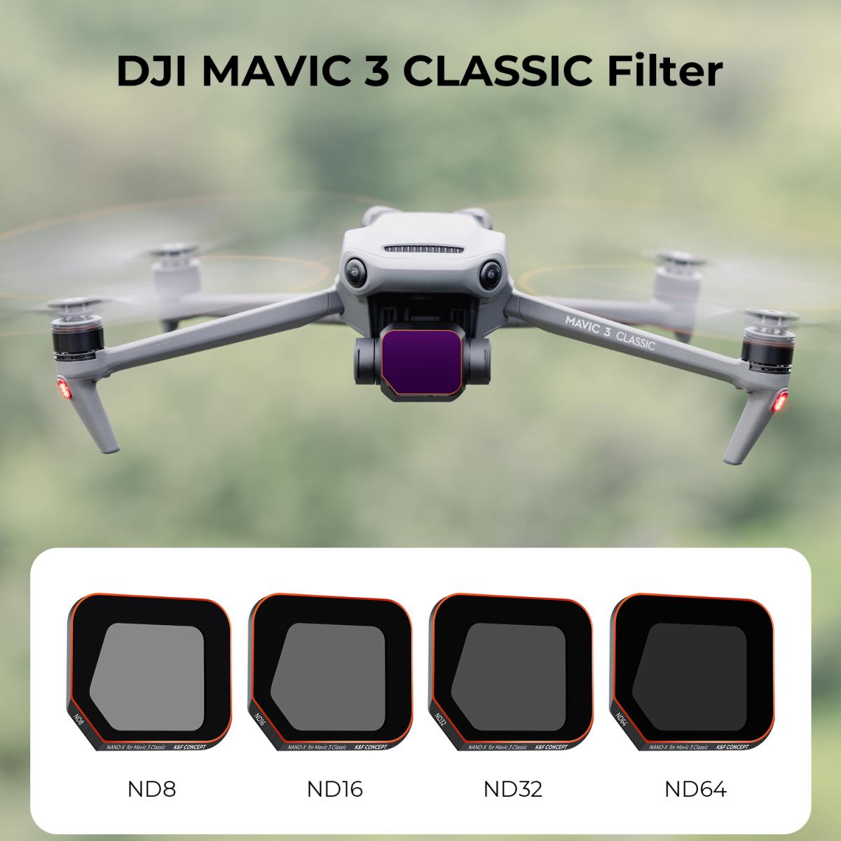 DJI Mavic 3 Classic Filter 4pcs Set (ND8 + ND16 + ND32 + ND64) con pellicola verde antiriflesso su un solo lato impermeabile e antigraffio