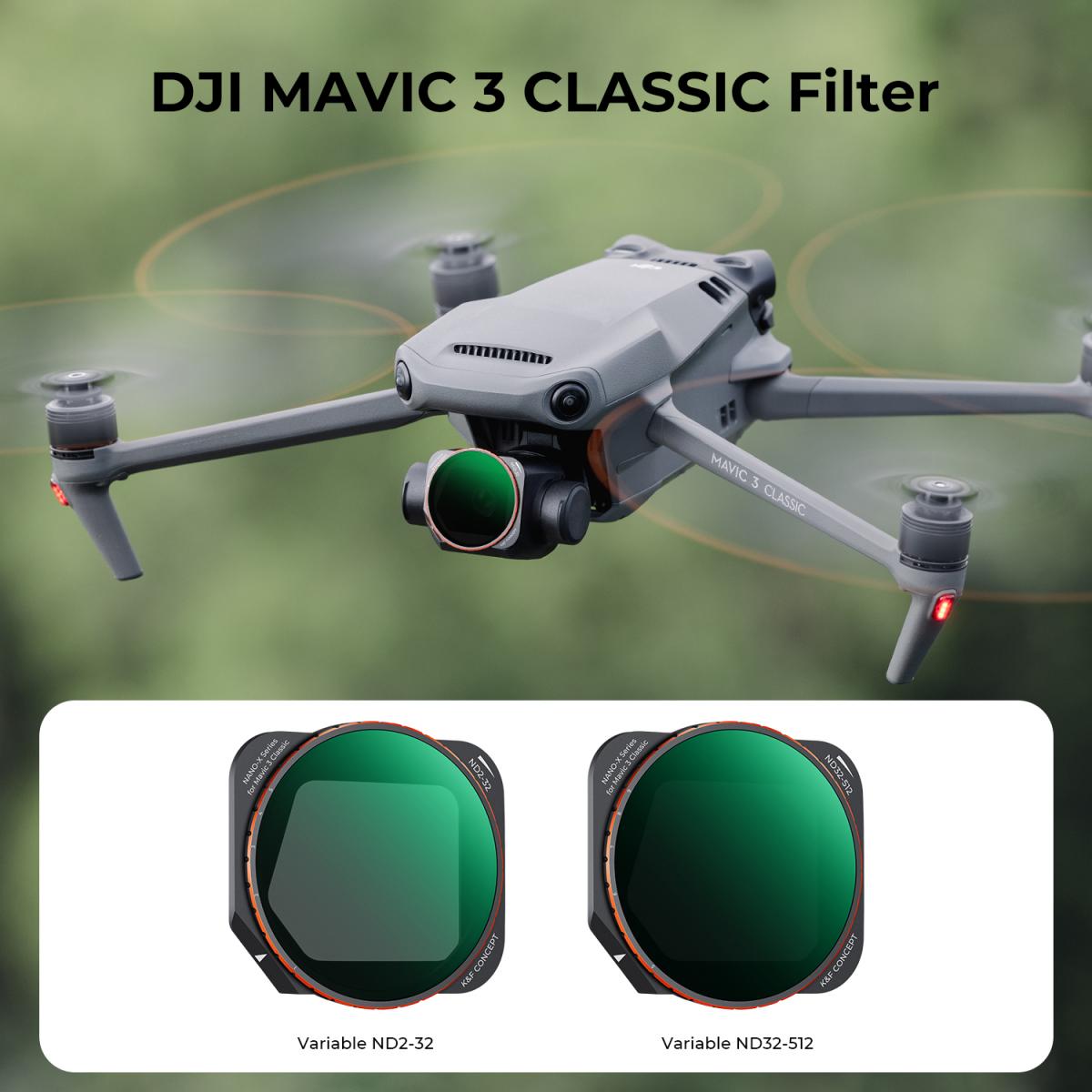 DJI Mavic 3 Classic Variable ND Filters Kit 2 kpl ND2-32+ ND32-512, yksipuolinen heijastuksenesto vihreä kalvo vedenpitävä ja naarmuuntumaton