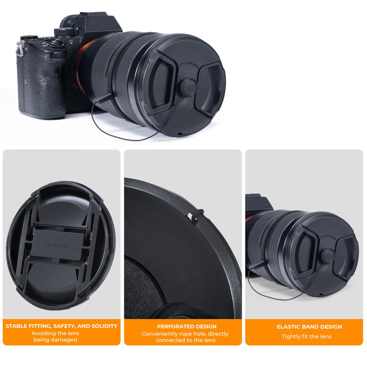 62 mm Merkez Tutam Lens Kapağı Sıradan Lens Kapağı (İpsiz)*1+Vakumlu Temizleme Bezi*2+Dijital Fotoğraf Makinesi Kaybolmayan İp*1, 4'ü 1 Arada Takım