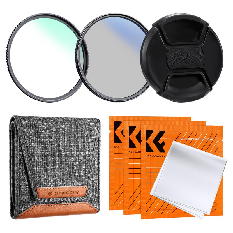 Types of lens filters: UV, polarizing, neutral density, color correction.