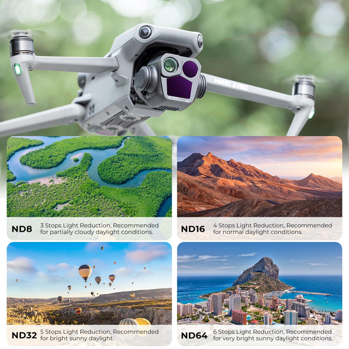 Drone Filtresi DJI Mavic 3 Pro ND Filtre Kiti 4 adet (ND8+ND16+ND32+ND64) Yansıma Önleyici Yeşil Kaplamalı Çoklu Kaplamalı HD Optik Cam