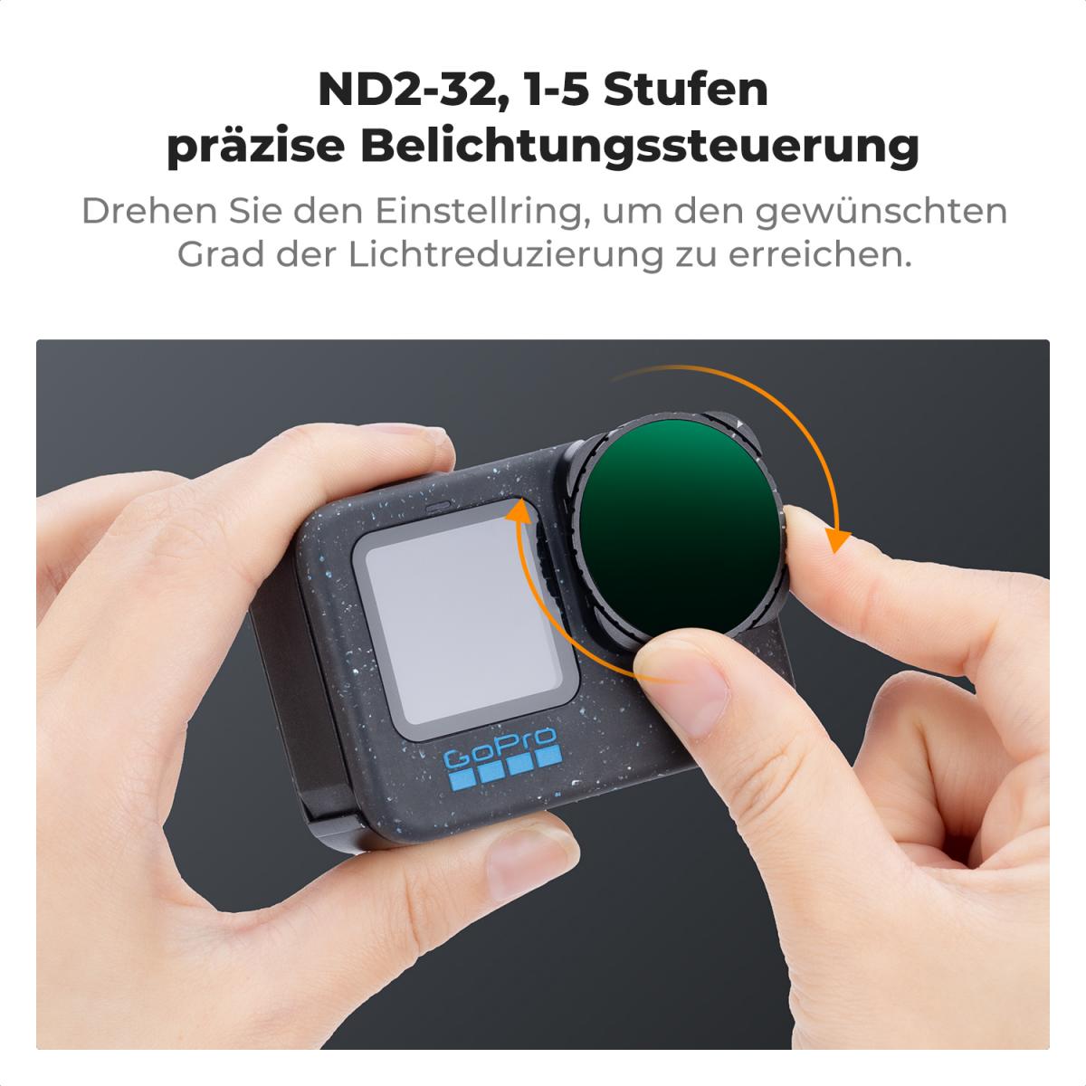 K&F Concept Variable ND Filter Set Kompatibel mit GoPro Hero 13 Schwarz, ND2-32 & ND32-512Neutraldichte Zubehör Light Reduction Filter für Go Pro Hero 12/11/10/9 Schwarz, Multi Coated HD Optical Glass