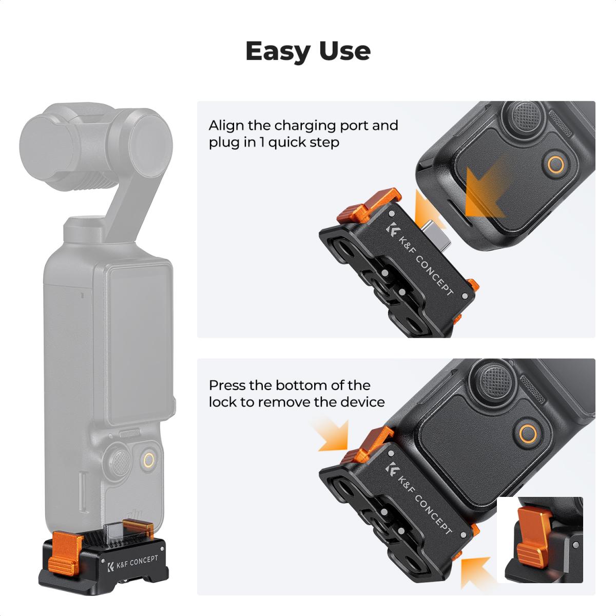 Ladeadapterbase for DJI Osmo Pocket 3, Desktop Type-C ladedokking Passer Arca-Swiss Standard, med 1/4 skruehull/foldefinger, aluminiumslegeringsbrakett