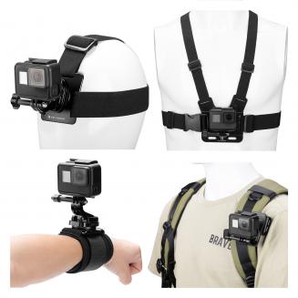 K&F Concept accessoireset voor GoPro Hero 13/12/11/10/9/8/7/6/5/4/ DJI Osmo Action Series / Pocket 3/2 / Insta360 X4/X3, borstbandharnas + rugzakclip + 360° draaibare hoofdbandbevestiging en polsband