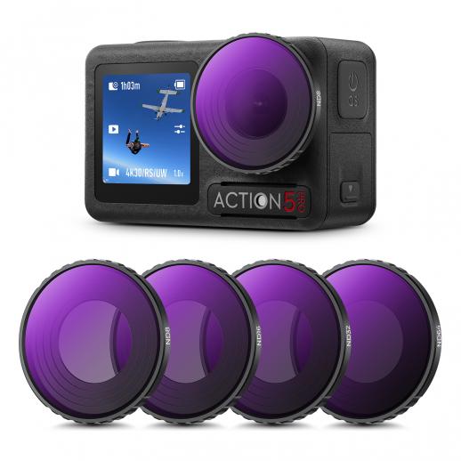 DJI Osmo Action 4 et Action5 PRO Kit de filtres ND ND8 + ND16 + ND32 + ND64, lot de 4 filtres en verre optique avec revêtement multicouche