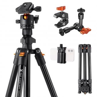 64"/1.6m Camera Tripod Lightweight Vlog Travel Tripod Compact Flexible & Portable 17.6lbs/8kg Load with Portable, for DSLR Cameras O234A1+BH-36 and 6" Magic Arm with Super Clamp