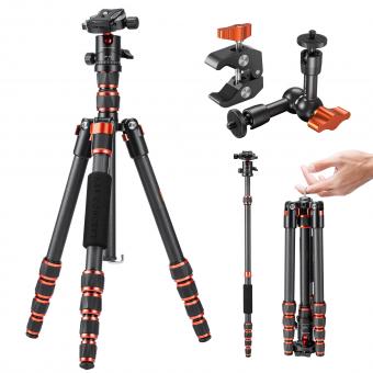 60" Carbon Fiber Camera Tripod,Super Lightweight Compact Travel Tripod with 360° Ball Head,Quick Release Plate,Detachable Monopod 8KG Load Capacity and 6" Magic Arm with Super Clamp Set