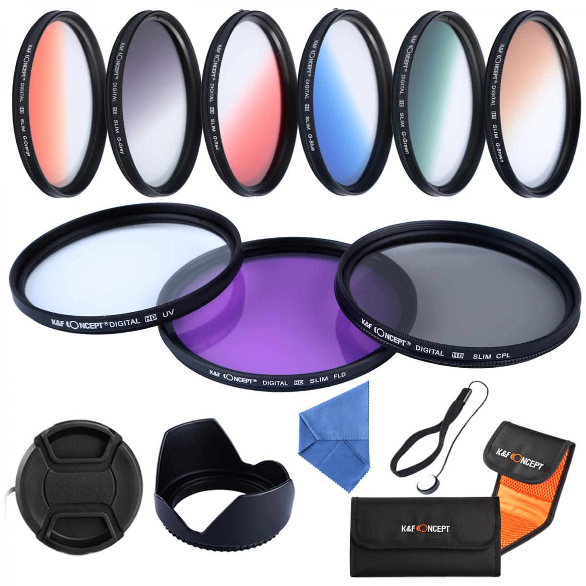 K&F Concept 58mm 18pcs Round Filter Set 9pcs Full Color Filter Kit 9pcs Slim Graduated Filter Kit 58mm Lens Filter kit Filter Pouch