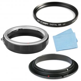 Anillo de adaptador inverso de 58 mm + Anillo de protección de montaje de lente + Filtro UV delgado de 58 mm + Paño de limpieza