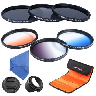 67mm Lens Filter Kit Neutral Density ND2+ND4+ND8 Graduated Color Filter Blue+Orange+Grey with Lens Hood &amp; Lens Cap