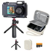 33ft/10m Waterproof Camera 4K 48MP HD Photos & Videos with Dual-Screen for Snorkeling, Surfing, Swimming, Waterproof Camera for Kids, Adults, Includes EVA Storage Case & Tripod, Black