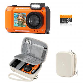 33ft/10m Waterproof Camera 4K 48MP HD Photos & Videos with Dual-Screen for Snorkeling, Surfing, Swimming, Waterproof Camera for Kids, Adults, includes EVA Storage Case, Orange