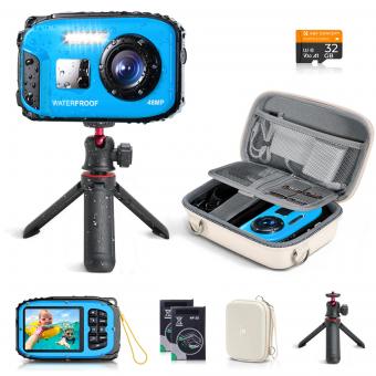 Waterproof Digital Camera for Kids 5m Underwater 48MP, for Snorkeling Swimming, Includes EVA Storage Case & Tripod Kentfaith
